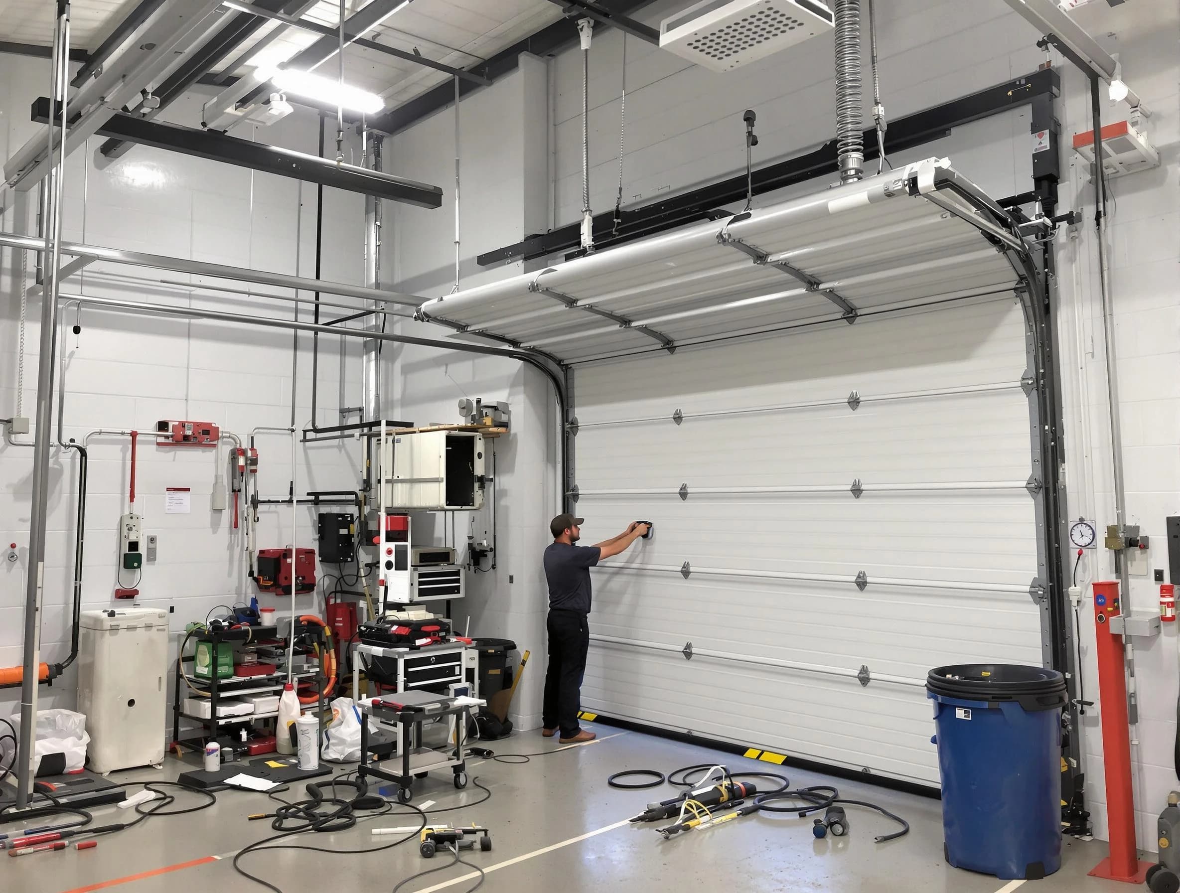 Woodlake Garage Door Repair certified technician performing commercial door repair at a Woodlake business facility