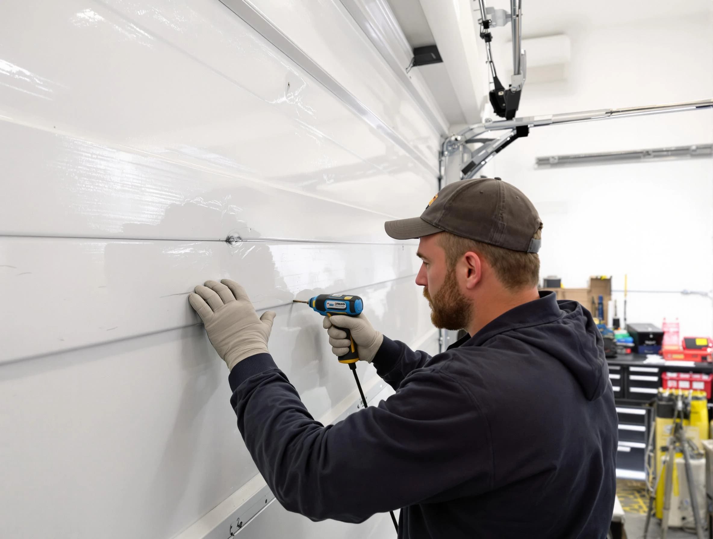Woodlake Garage Door Repair technician demonstrating precision dent removal techniques on a Woodlake garage door