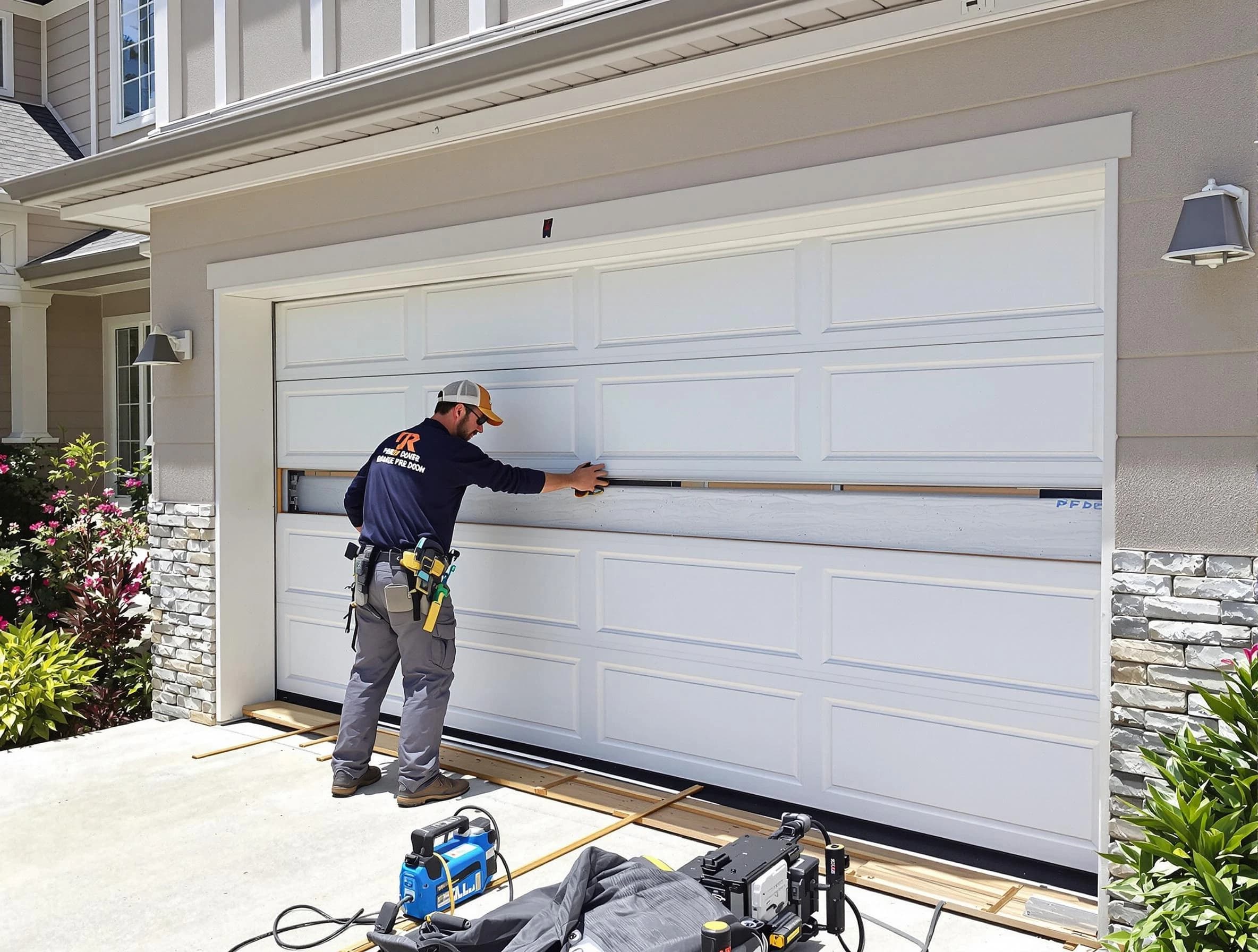 Woodlake Garage Door Repair team performing complete garage door replacement at Woodlake residence