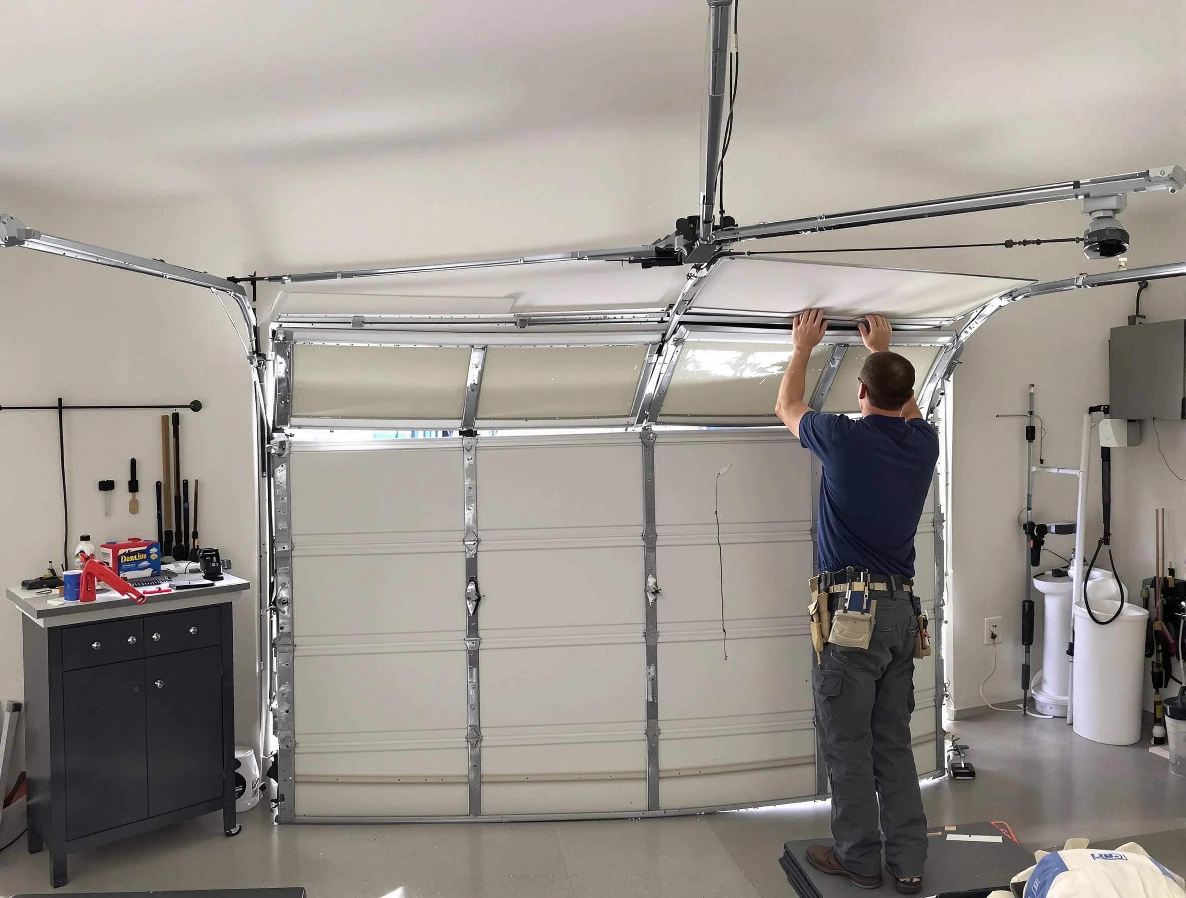 Woodlake Garage Door Repair specialist performing precise section replacement on Woodlake garage door