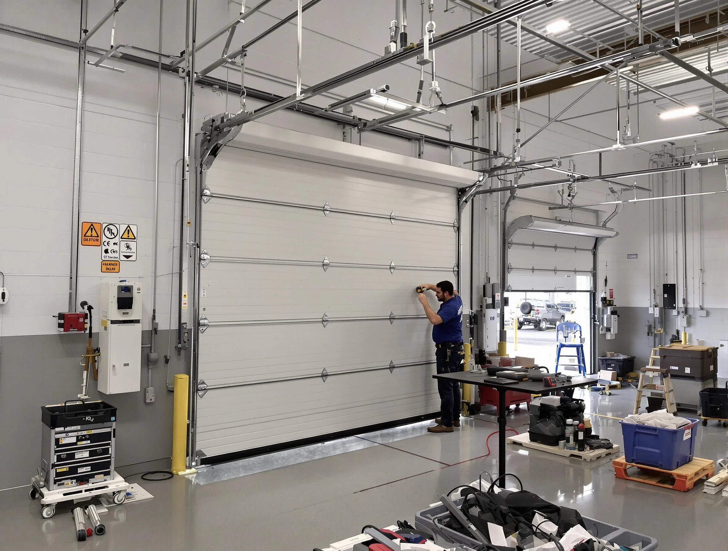 Commercial garage door repair being performed by Woodlake Garage Door Repair expert in Woodlake